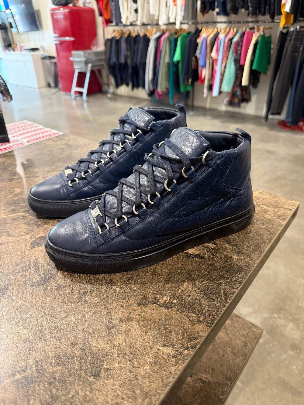 Balenciaga Arena High Top Navy Crinkled Leather Sneakers Size 40 EU with Box